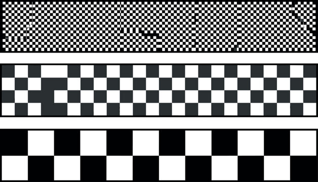Black and White Checkered Seamless Border Pattern Set with Racing Flag Textures and Mosaic Grids for Sports Backgrounds Automotive Themes and Geometric Graphic Designs