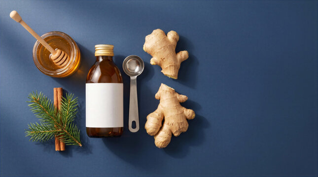 Winter cough remedy ingredients with honey, ginger, cinnamon and medicine bottle on blue background