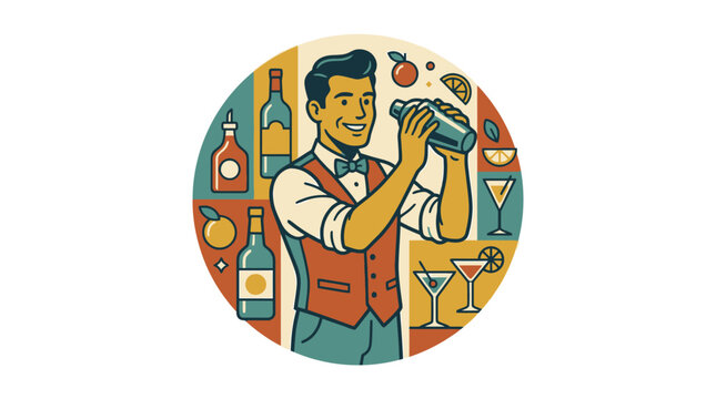 Retro bartender shaking a cocktail surrounded by bottles and fruit