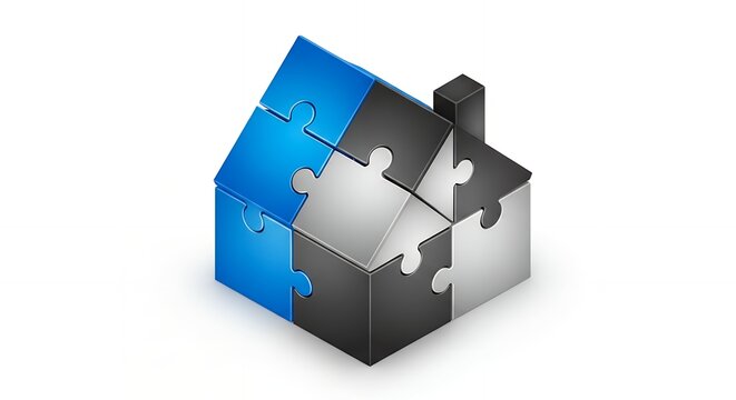 Interlocking puzzle pieces forming a geometric house shape abstract concept of fitting together blocks building structure design game