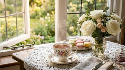 Obraz premium Afternoon tea by window, floral teacup, macarons, rose bouquet, garden view