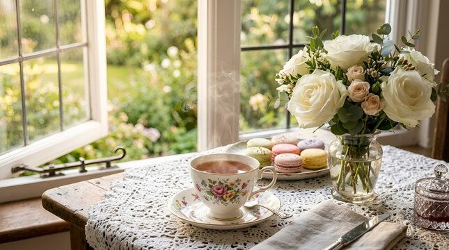 Afternoon tea by window, floral teacup, macarons, rose bouquet, garden view