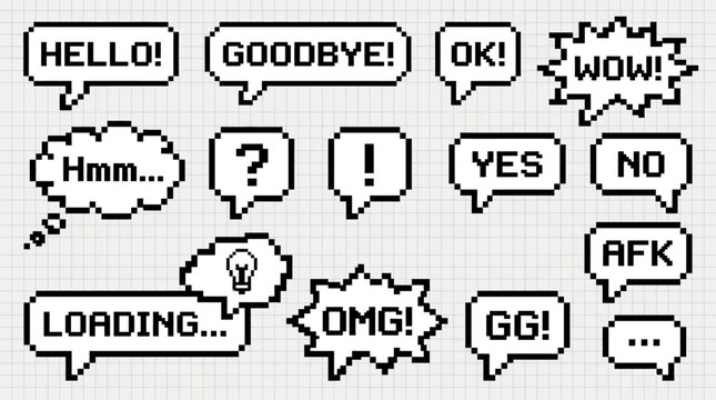 Collection of pixel art speech bubbles with various common phrases and symbols, designed in a retro 8-bit style on a grid background.
