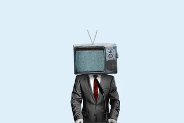 Press conference with media microphones with a politician-spokesperson who has a television for a head, speaker or politician. News and propaganda concept. © Igor Link