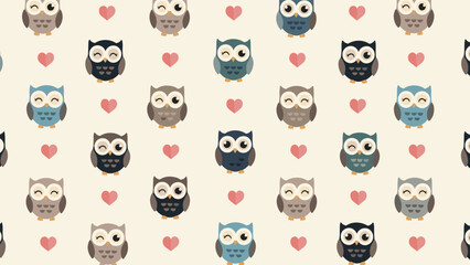 Fototapeta premium Delightful seamless pattern showcasing an array of charming cartoon owls in various colors interspersed with small pink hearts on a warm beige background, perfect for a cozy design.