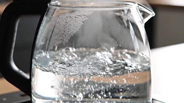 Boiling water with bubbles inside a glass electric kettle