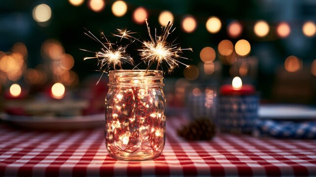 Glass tumbler with a fireworks celebration in a garden.