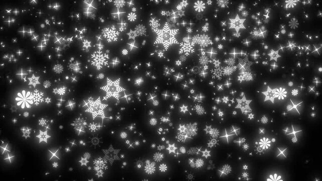 Animated realistic detailed snow flakes slowly falling densely against black background, christmas snow winter holiday alpha channel for greeting cards, intro, presentations, 4k loop