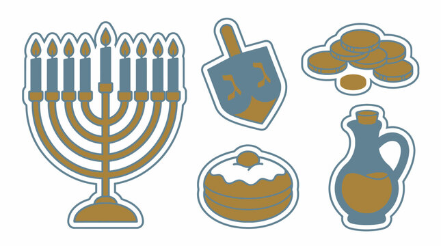 Traditional Hanukkah symbols including menorah and dreidel
