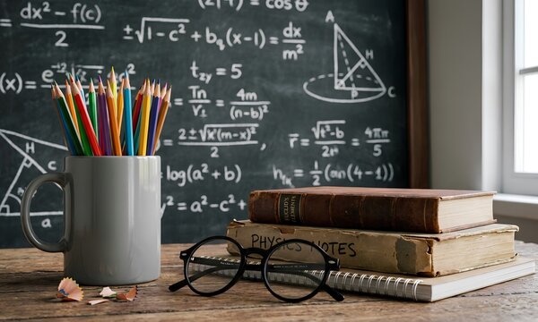 Happy teacher's day classroom setup with books glasses and chalkboard equations
