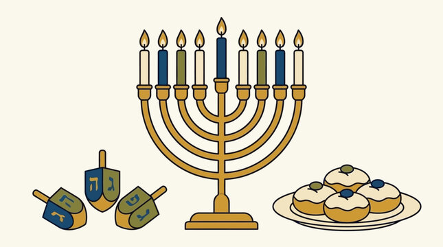 A traditional Hanukkah menorah with dreidels and jelly donuts