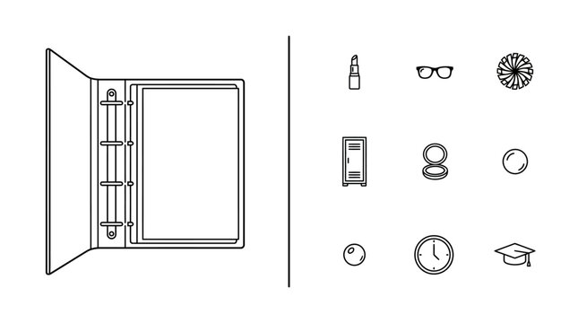 Open Binder with School and Lifestyle Icon Set