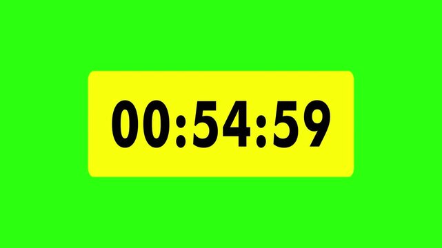 Digital countdown timer counting down from one hour on a yellow rounded rectangle over a green screen background for easy chroma keying and alpha channel removal