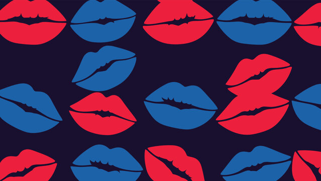 Bold seamless pattern featuring an array of stylized human lips in vibrant red and cool blue hues, scattered on a dark blue background, creating a striking pop-art inspired design.