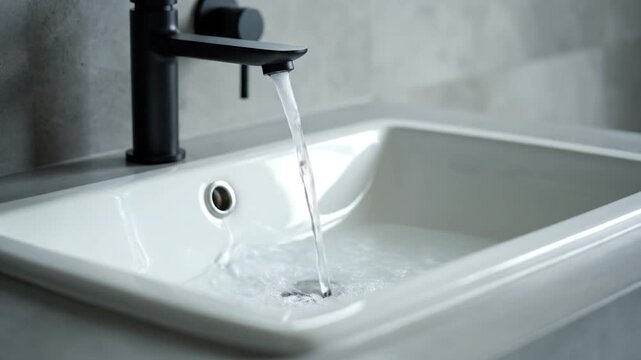Water flows from a modern black faucet into a white ceramic sink