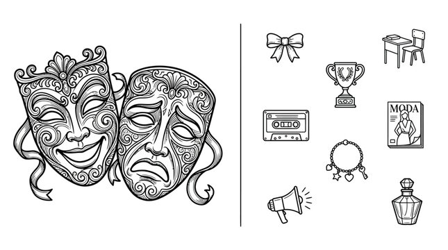 Set of Hand-Drawn Theater Masks and Miscellaneous Lifestyle Icons