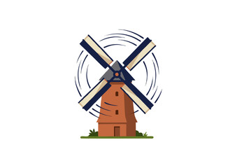 Obraz premium Traditional Dutch windmill vector illustration with spinning blades isolated on white background