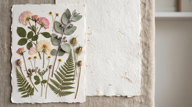 Pressed botanical flowers on handmade paper, elegant floral herbarium on deckle edge card, rustic wedding invitation mockup
