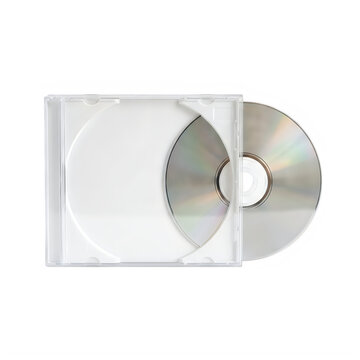 Empty plastic cd or dvd jewel case with a silver disc inside isolated on transparent background