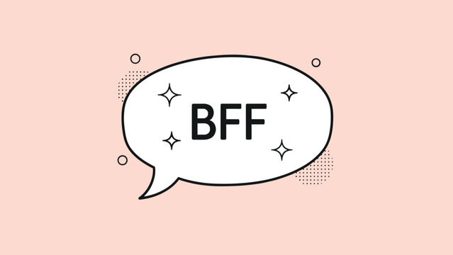 Minimalist graphic illustration of a white speech bubble with "BFF" text and sparkling elements, surrounded by dots on a soft pastel pink background, symbolizing close friendship.