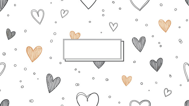 Charming seamless background pattern featuring scattered hand-drawn doodle hearts in black outline and brown, with a central blank rectangular text box for custom messages.