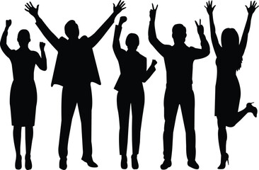 Fototapeta premium Business people silhouettes celebrating success cheering with hands raised isolated on white background professional team group corporate achievement concept happy workers joy celebration.