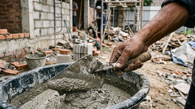 Construction worker hand mixing cement mortar with trowel on building site.