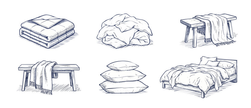 Bedding sketch set cozy blankets pillows and bed hand-drawn vintage engraving illustrations of home bedroom textiles duvet quilt and throw blanket on wooden bench isolated on white background.