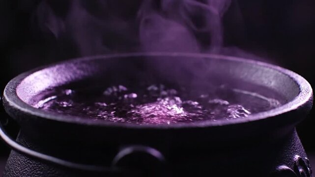 A black cauldron boils with purple liquid and rising steam