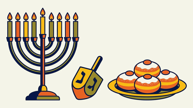 A lit menorah with a dreidel and plate of sufganiyot