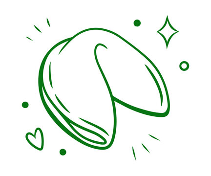 Minimalist hand-drawn green illustration of a fortune cookie with sparkles and hearts on white background. Doodle