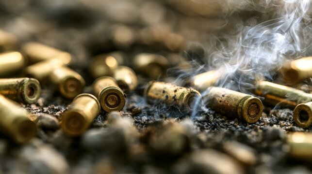 Pistol bullets on the ground with smoke.