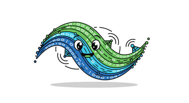 Colorful wave with smiling face and binary code pattern