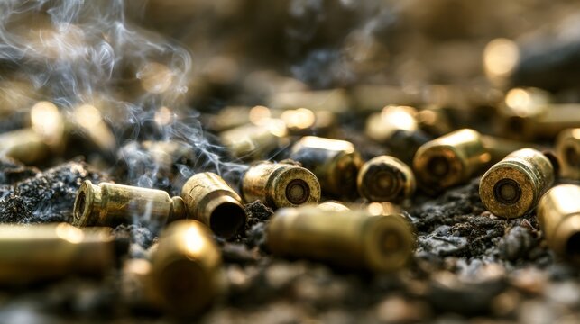 Pistol bullets on the ground with smoke.