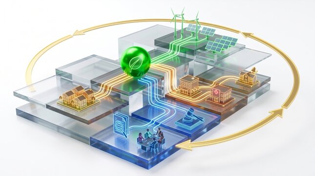 Clean modern concept of ESG sustainable green finance with green investment flow into renewable energy, social impact and governance icons. Green and blue corporate palette. White