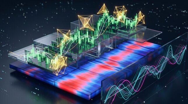 Abstract technical art of algorithmic trading AI analyzing financial market data streams with pattern recognition and trade signal generation. Dark monitor aesthetic. Zero noise. Fintech AI