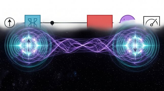 Clean technical vector illustration of quantum circuit gate diagram with multiple qubit lines, Hadamard gates, CNOT gates and measurement symbols. Clean blue-red-black on white. Zero noise