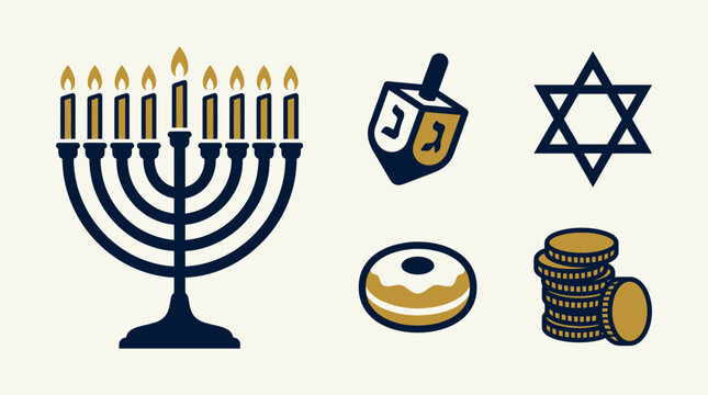 Set of traditional Hanukkah holiday icons and festive symbols