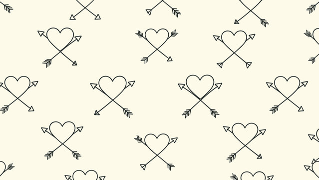 Romantic seamless pattern, showcasing charming hand-drawn hearts with crossed arrows, creating a sweet and classic design motif on a soft light beige background.