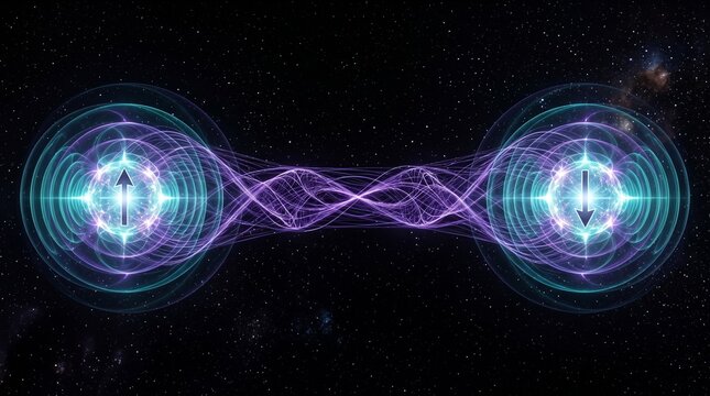 Abstract quantum physics art of two entangled particle pairs connected by quantum entanglement field across deep space. Electric teal and violet. Zero noise, stunning visual. Quantum