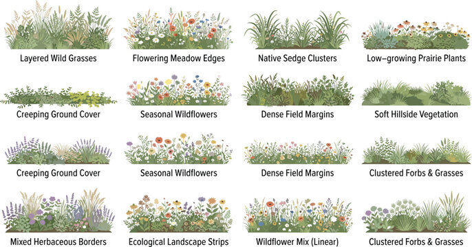 Native Wildflower and Grass Border Vector Collection for Natural Landscape and Garden Design
