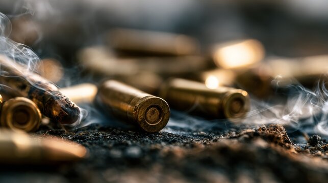 Pistol bullets on the ground with smoke.