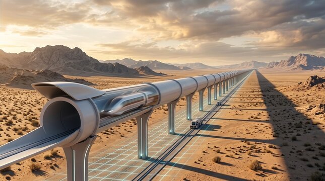 Cinematic CGI visualization of a hyperloop transport tube cutting through dramatic mountain or desert landscape at speed. Sleek white architecture, dramatic sky. Perfect cinematic quality