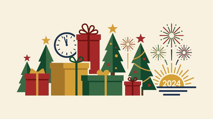 Fototapeta premium Festive gift boxes and evergreen trees for New Year celebration