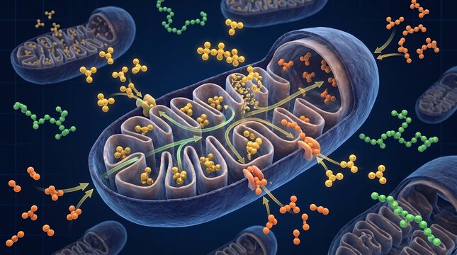 Scientific illustration of sports nutrition at cellular level showing mitochondria ATP energy production, nutrient molecular intake and metabolic pathway during exercise. Dark background