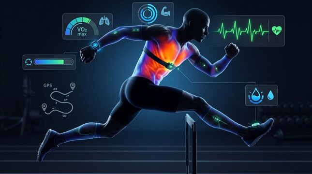 Futuristic concept of athlete wearing smart performance wearables with augmented biometric dashboard overlay showing heart rate, power, VO2max and GPS data. Dark athletic palette. Zero