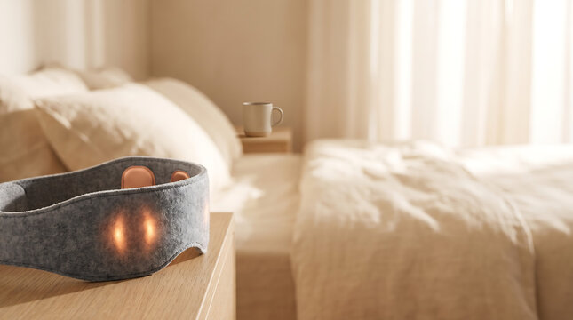 Smart heated sleep mask with integrated massage nodes resting on a bedside table in a cozy modern bedroom