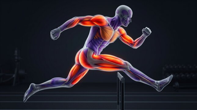 Dynamic 3D anatomical illustration of athletic male figure with muscles glowing in intensity heat-map colors showing activation during peak performance. Dark background, fire palette. Zero