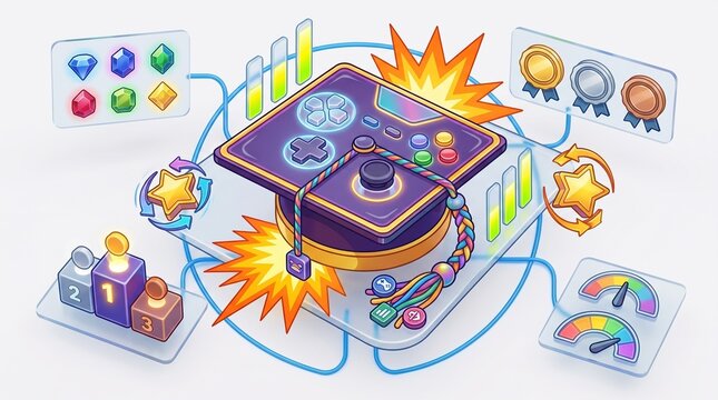 Vibrant gamification in education illustration with achievement badges, XP points, progress bars, leaderboards and reward stars. Game controller meets graduation cap. Bright purple-gold
