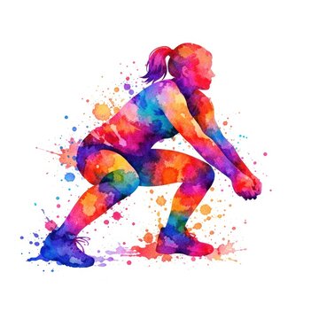 Colorful watercolor silhouette of a person squatting, splatter effect.